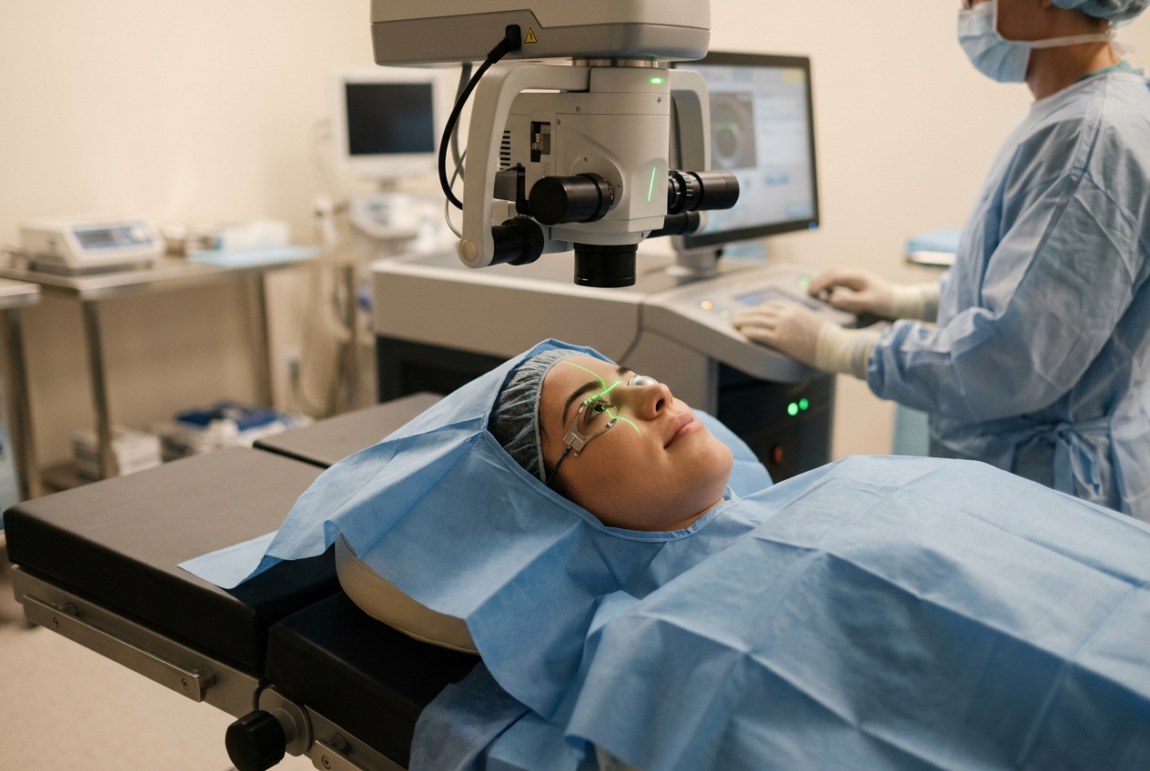 Illustration af laserøjenoperation (lasik / femto-lasik / prk)